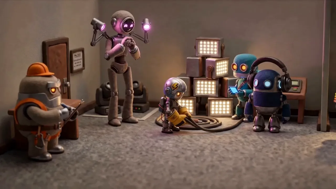 The Nightshift crew at work in a miniature production office, lighting fixtures and cable laid out around them